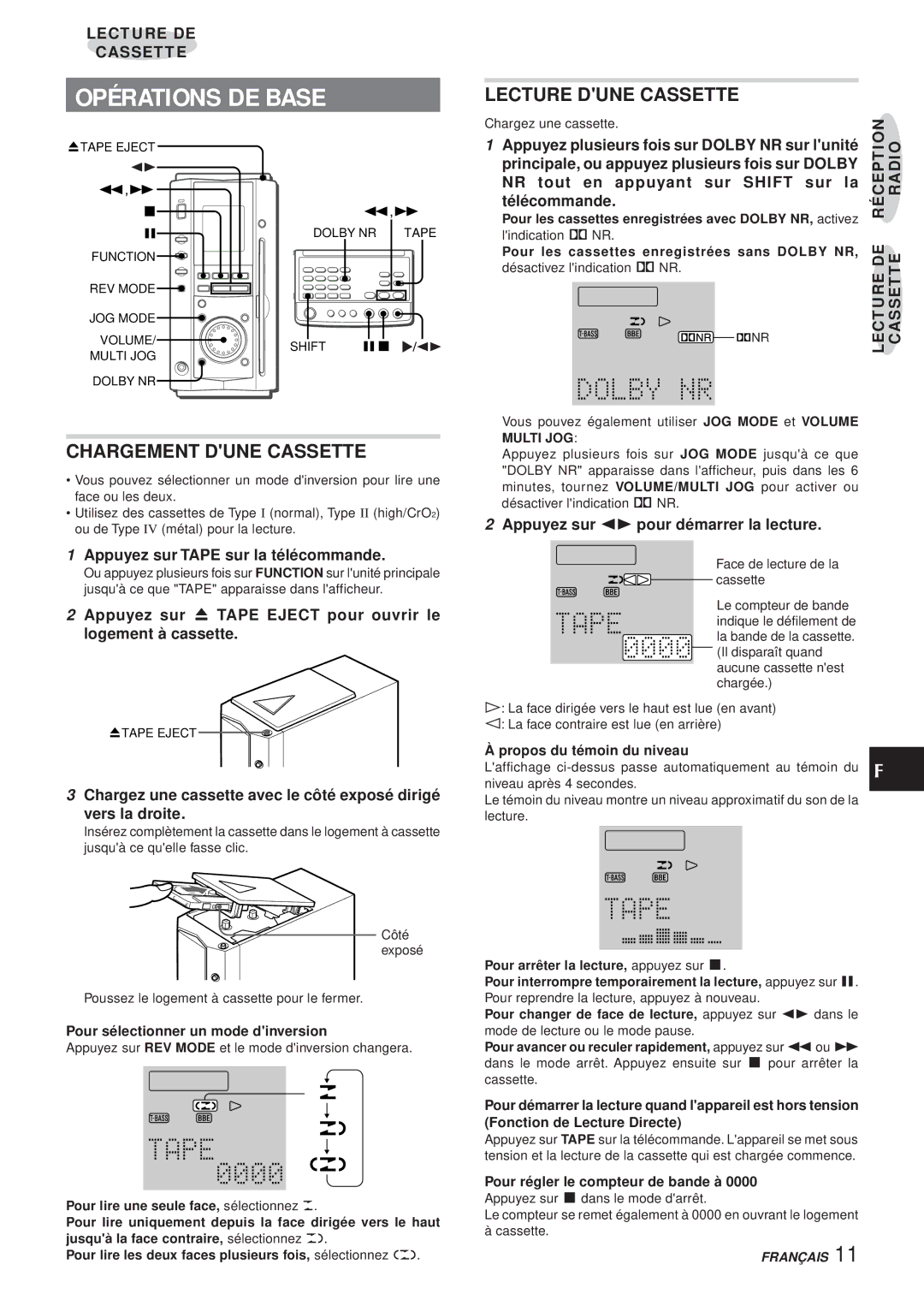 Aiwa XR-MS3 manual Opérations DE Base, Lecture Dune Cassette, Chargement Dune Cassette 