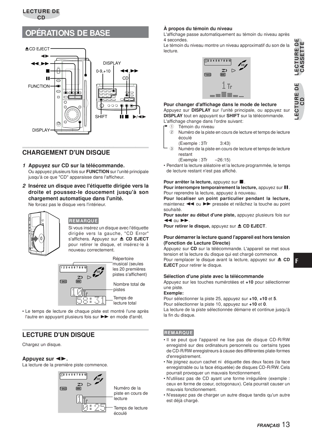 Aiwa XR-MS3 manual Chargement DUN Disque, Lecture DUN Disque, Appuyez sur CD sur la télécommande 