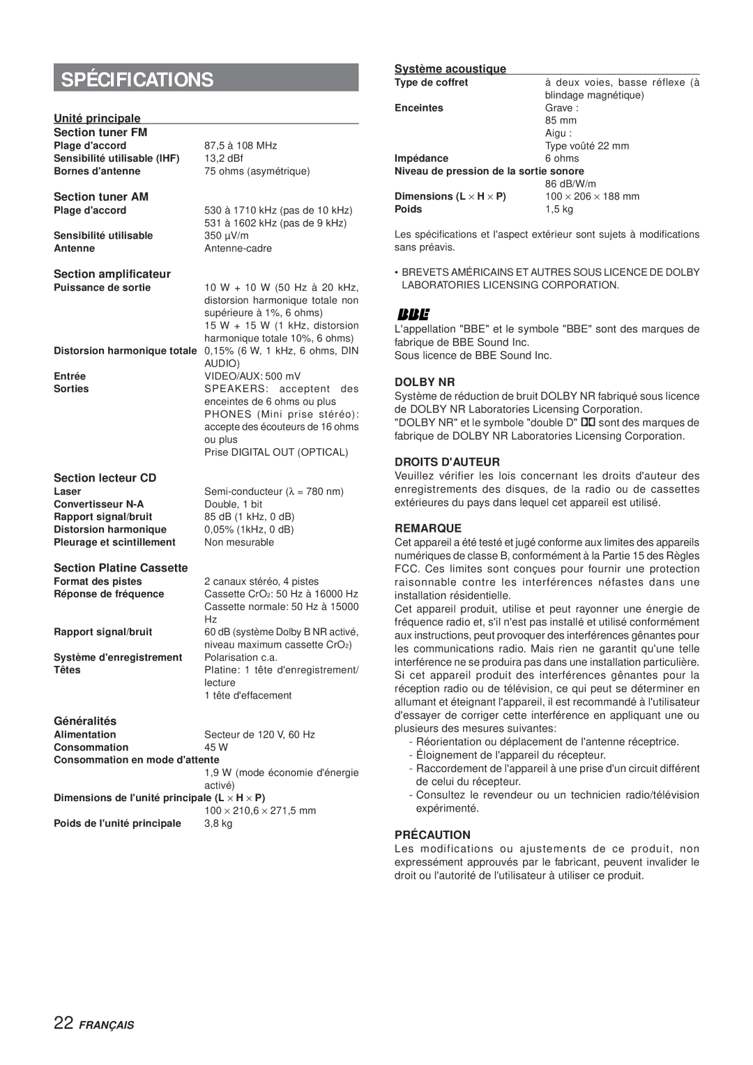 Aiwa XR-MS3 manual Spécifications 