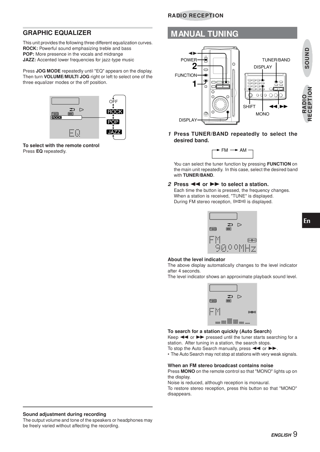 Aiwa XR-MS3 manual Manual Tuning, Graphic Equalizer, Press TUNER/BAND repeatedly to select the desired band 