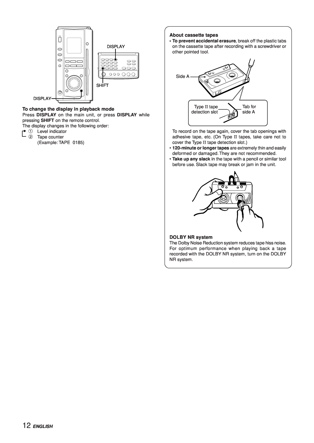 Aiwa XR-MS3 manual To change the display in playback mode, About cassette tapes, DOLBY NR system, English 