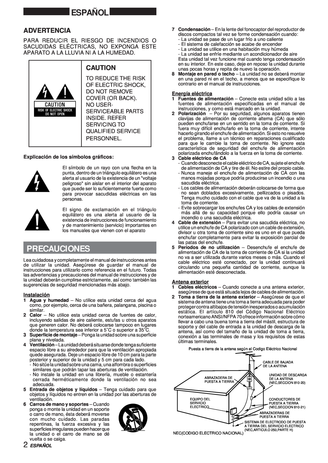 Aiwa XR-MS3 manual Español, Precauciones, Advertencia, Explicación de los símbolos gráficos, Instalación, Energía eléctrica 