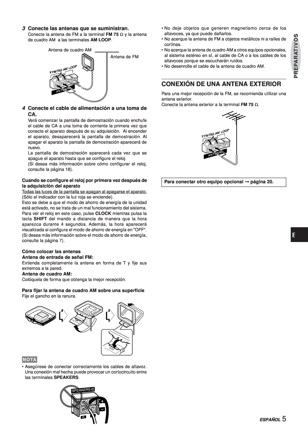 Aiwa XR-MS3 Conexión De Una Antena Exterior, Conecte las antenas que se suministran, Antena de cuadro AM, Nota, Español 