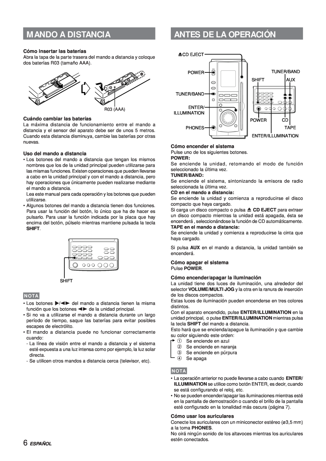 Aiwa XR-MS3 Mando A Distancia, Antes De La Operación, Cómo insertar las baterías, Cuándo cambiar las baterías, Español 