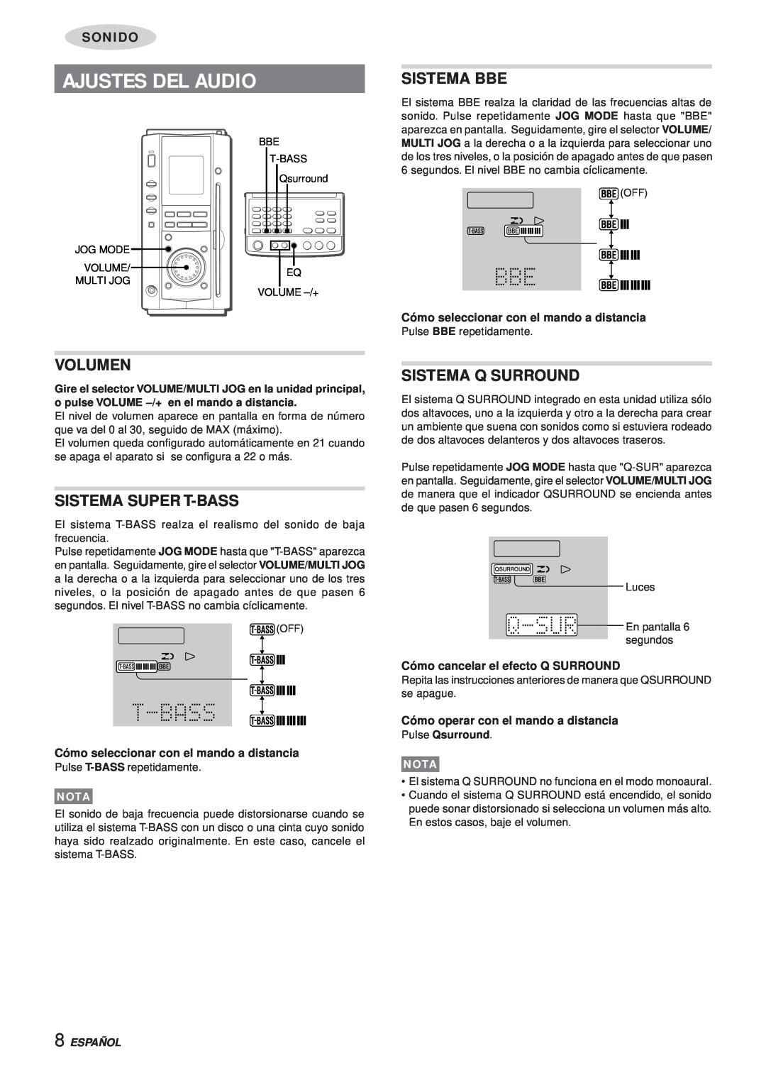 Aiwa XR-MS3 manual Ajustes Del Audio, Volumen, Sistema Super T-Bass, Sistema Bbe, Sistema Q Surround, Español, Sonido, Nota 