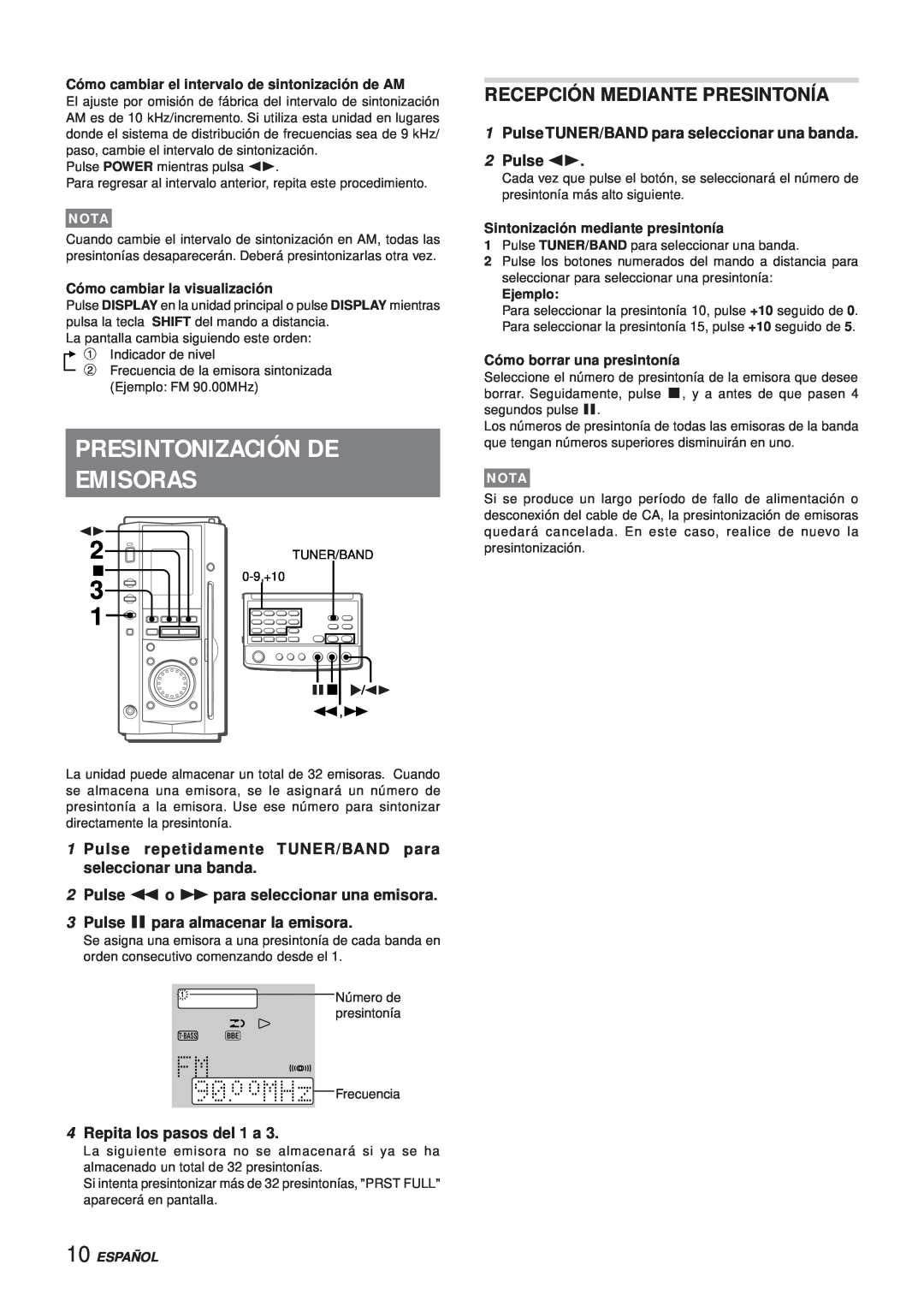 Aiwa XR-MS3 Presintonización De Emisoras, Recepción Mediante Presintonía, Pulse apara almacenar la emisora, Español, Nota 
