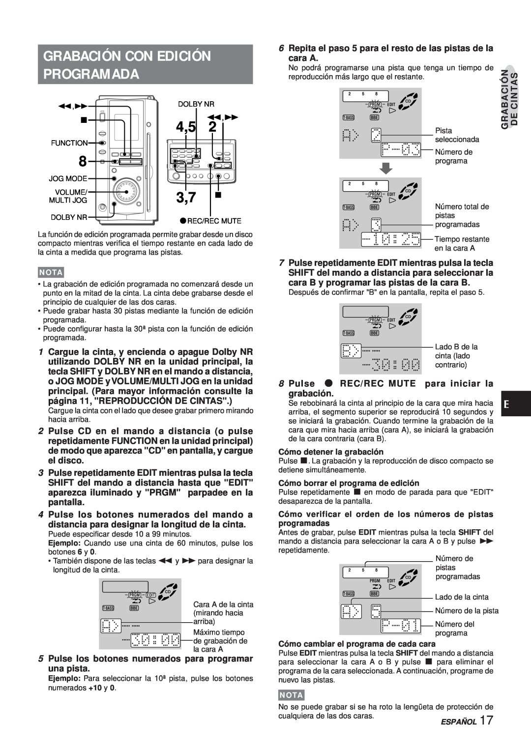 Aiwa XR-MS3 Grabación Con Edición Programada, cara A, Pulse los botones numerados del mando a, Cómo detener la grabación 