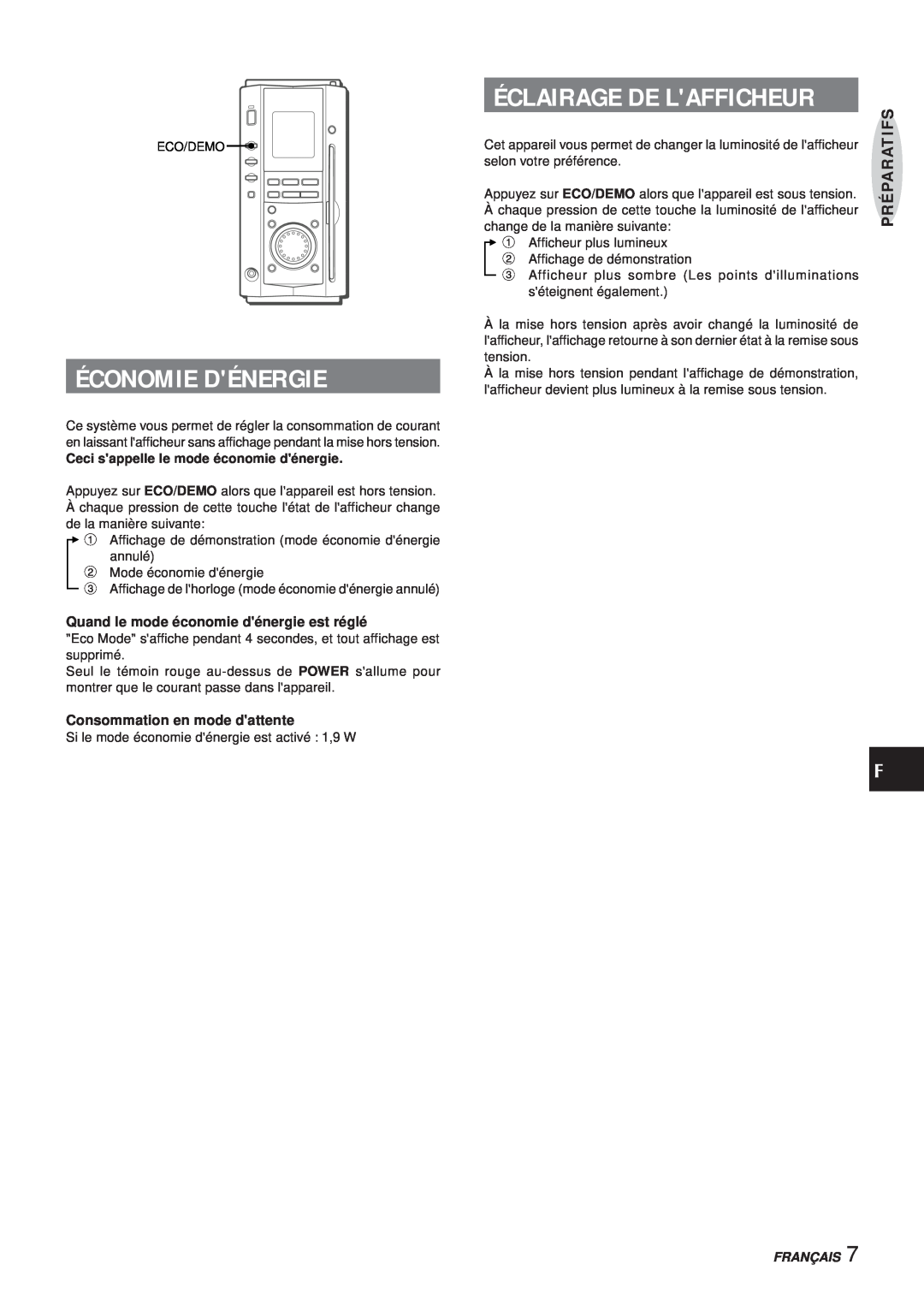 Aiwa XR-MS3 Économie Dénergie, Éclairage De Lafficheur, Quand le mode économie dénergie est réglé, Préparatifs, Français 