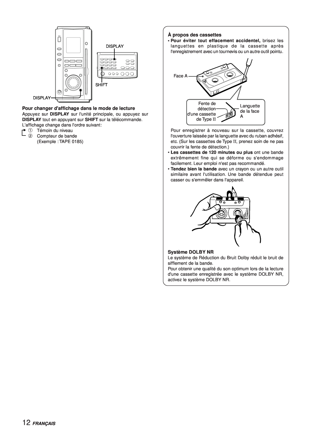 Aiwa XR-MS3 manual Pour changer daffichage dans le mode de lecture, À propos des cassettes, Système DOLBY NR, Français 