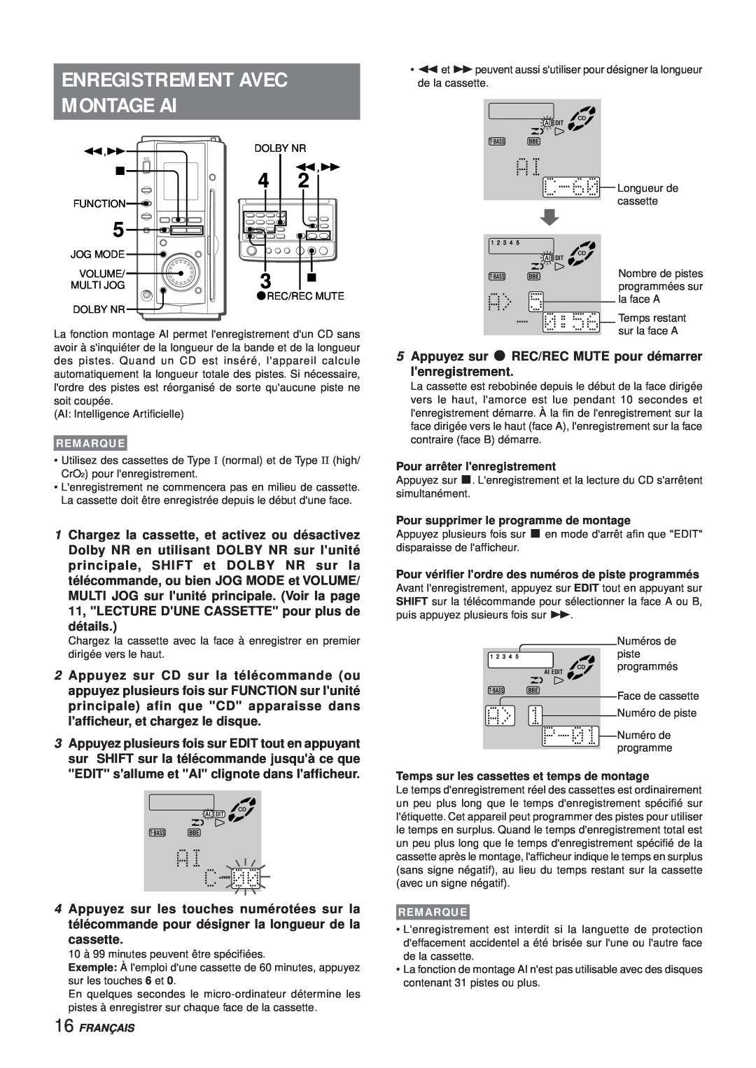 Aiwa XR-MS3 manual Enregistrement Avec Montage Ai, détails, Appuyez sur w REC/REC MUTE pour démarrer lenregistrement 