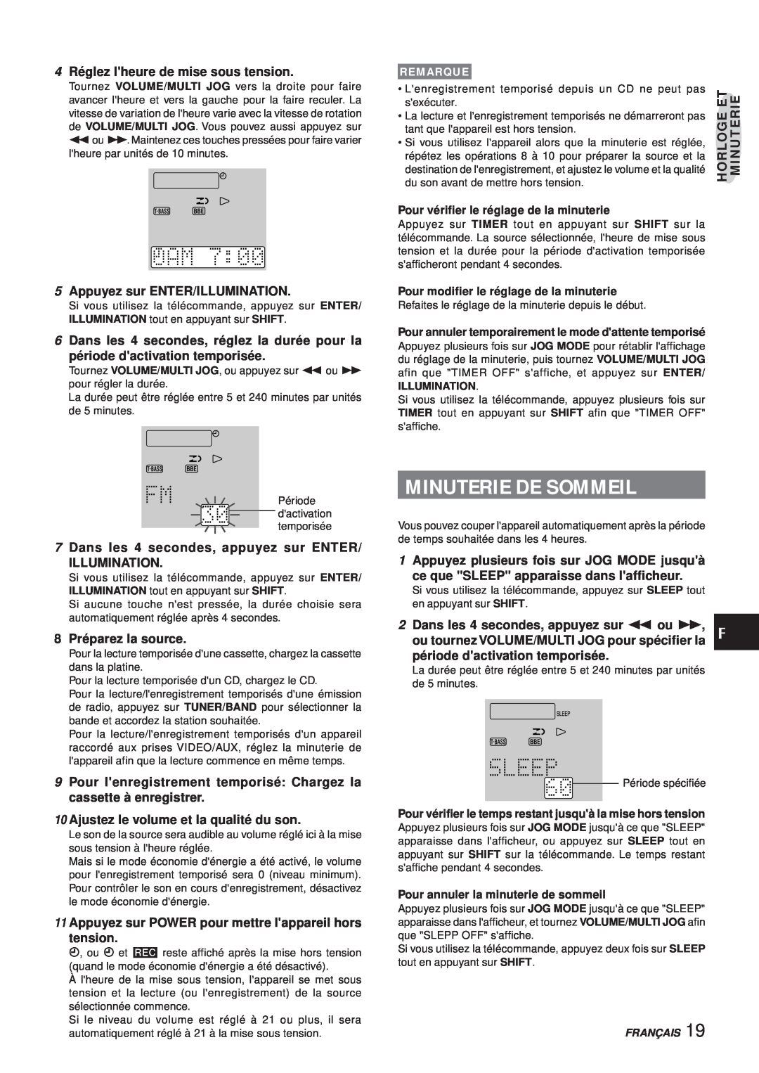 Aiwa XR-MS3 manual Minuterie De Sommeil, 4 Réglez lheure de mise sous tension, Appuyez sur ENTER/ILLUMINATION 