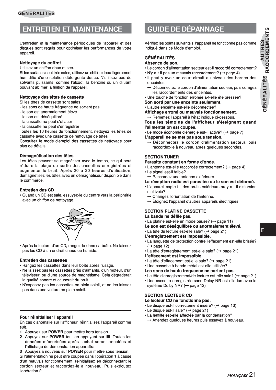 Aiwa XR-MS3 manual Guide De Dépannage, Entretien Et Maintenance, Nettoyage du coffret, Nettoyage des têtes de cassette 