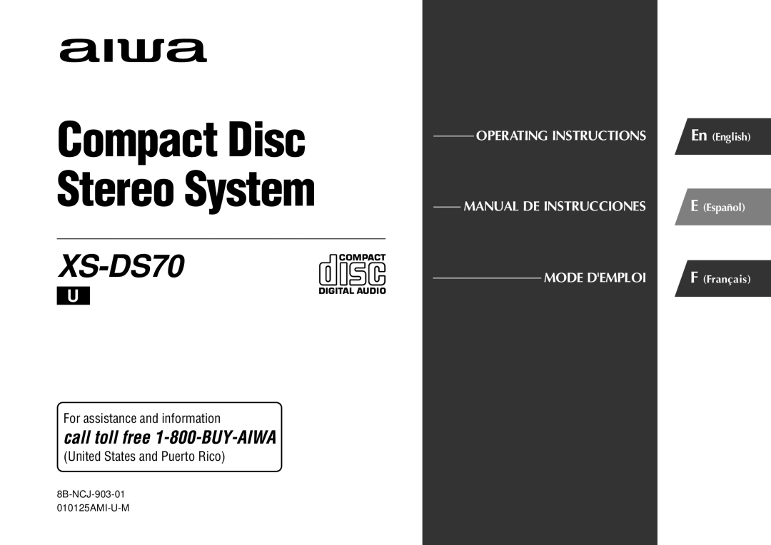 Aiwa XS-DS70 manual Compact Disc Stereo System 