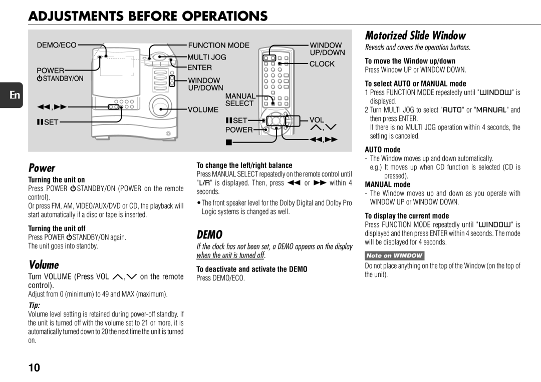 Aiwa XS-DS70 manual Adjustments Before Operations, Power, Volume, Motorized Slide Window 