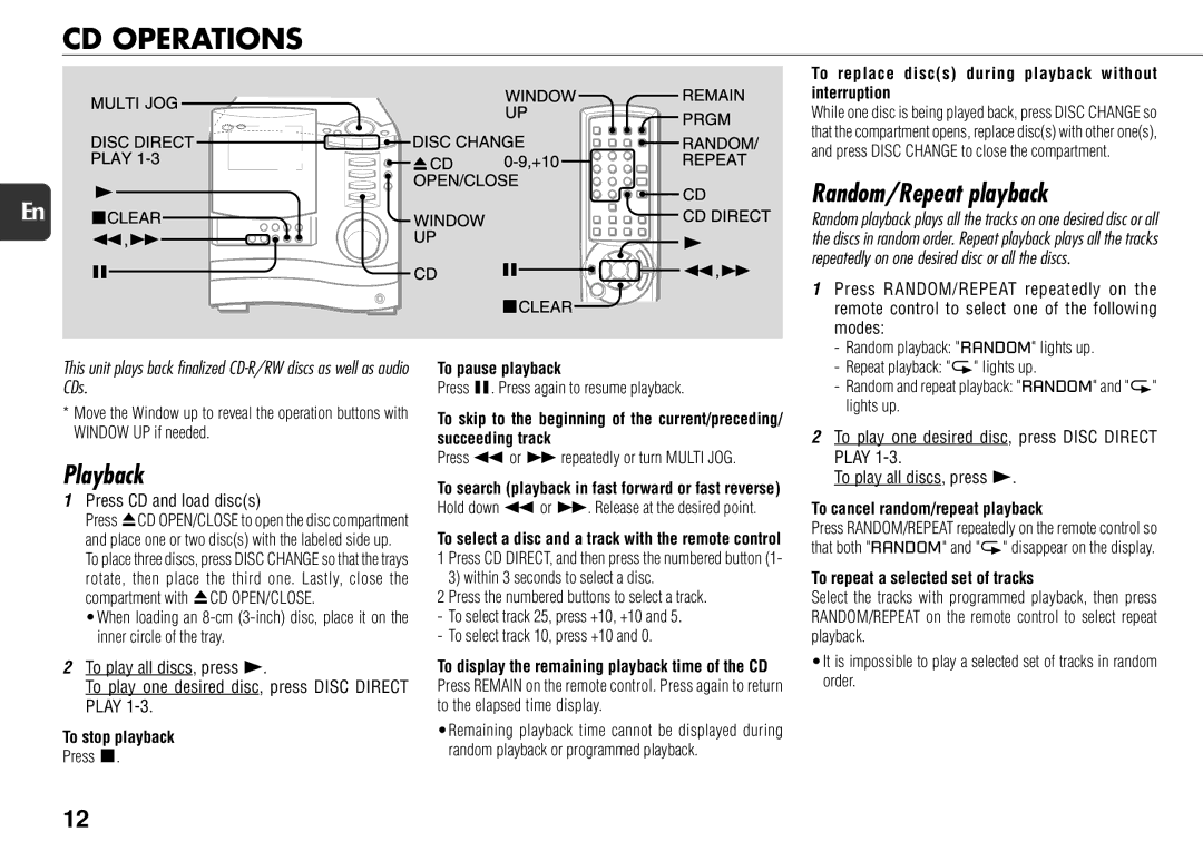 Aiwa XS-DS70 manual CD Operations, Playback, Random/Repeat playback 