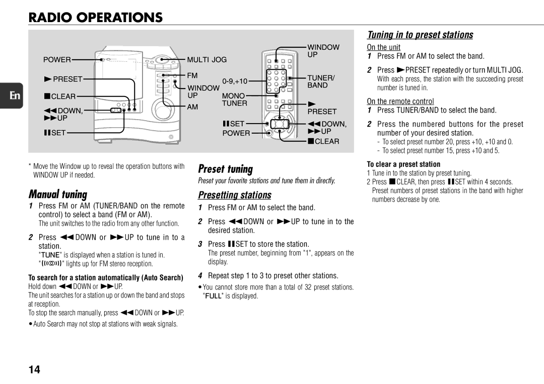 Aiwa XS-DS70 manual Radio Operations, Manual tuning, Preset tuning, To clear a preset station 