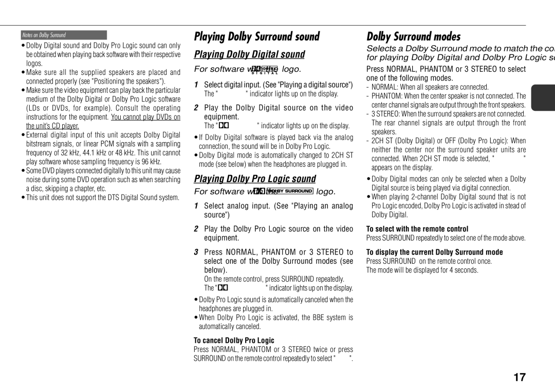 Aiwa XS-DS70 manual Playing Dolby Surround sound, Dolby Surround modes, To cancel Dolby Pro Logic 