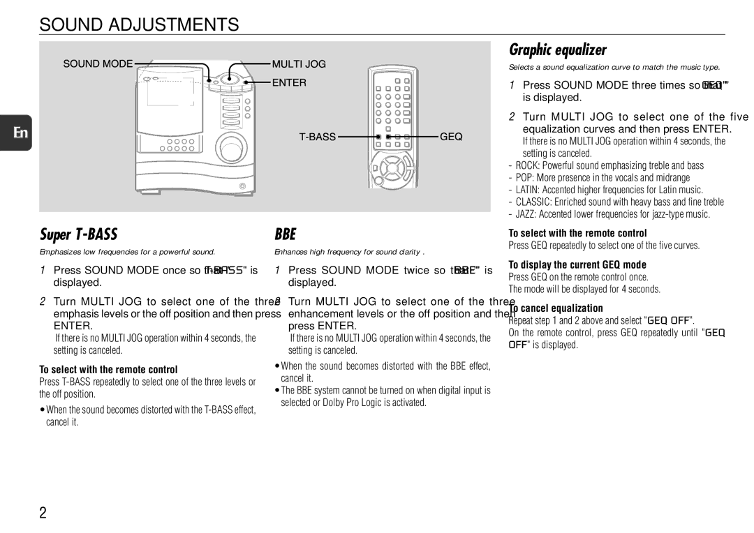 Aiwa XS-DS70 manual Sound Adjustments, Graphic equalizer, Super T-BASS, To cancel equalization 