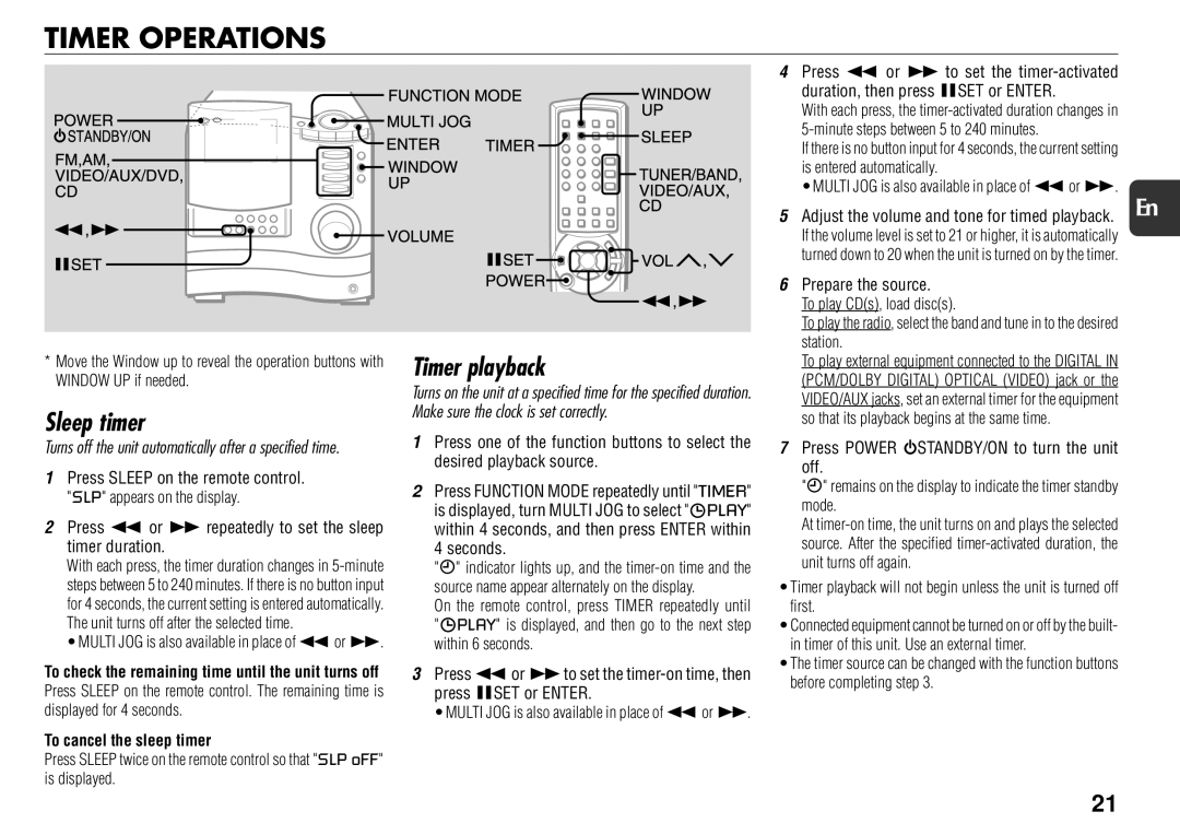 Aiwa XS-DS70 manual Timer Operations, Sleep timer, Timer playback, To cancel the sleep timer 