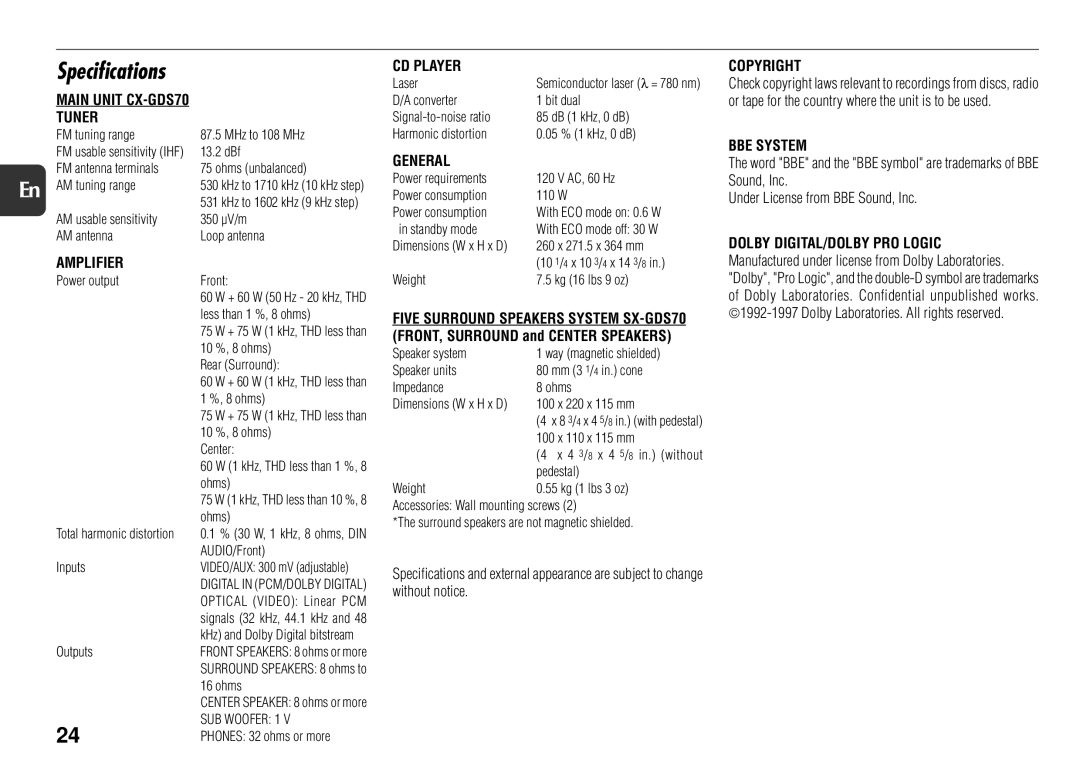 Aiwa XS-DS70 manual Specifications 