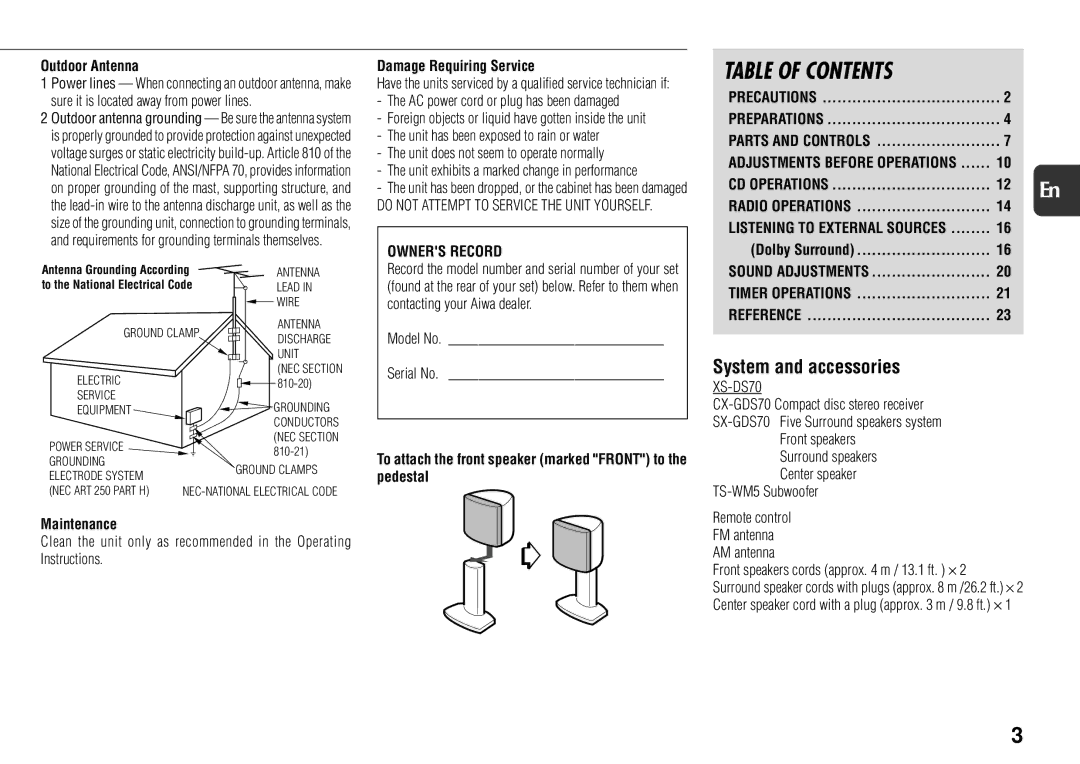 Aiwa XS-DS70 manual Table of Contents 