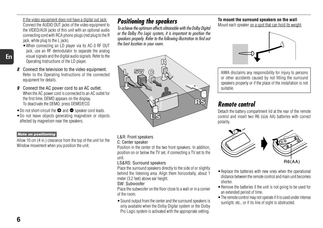 Aiwa XS-DS70 manual Positioning the speakers, Remote control 