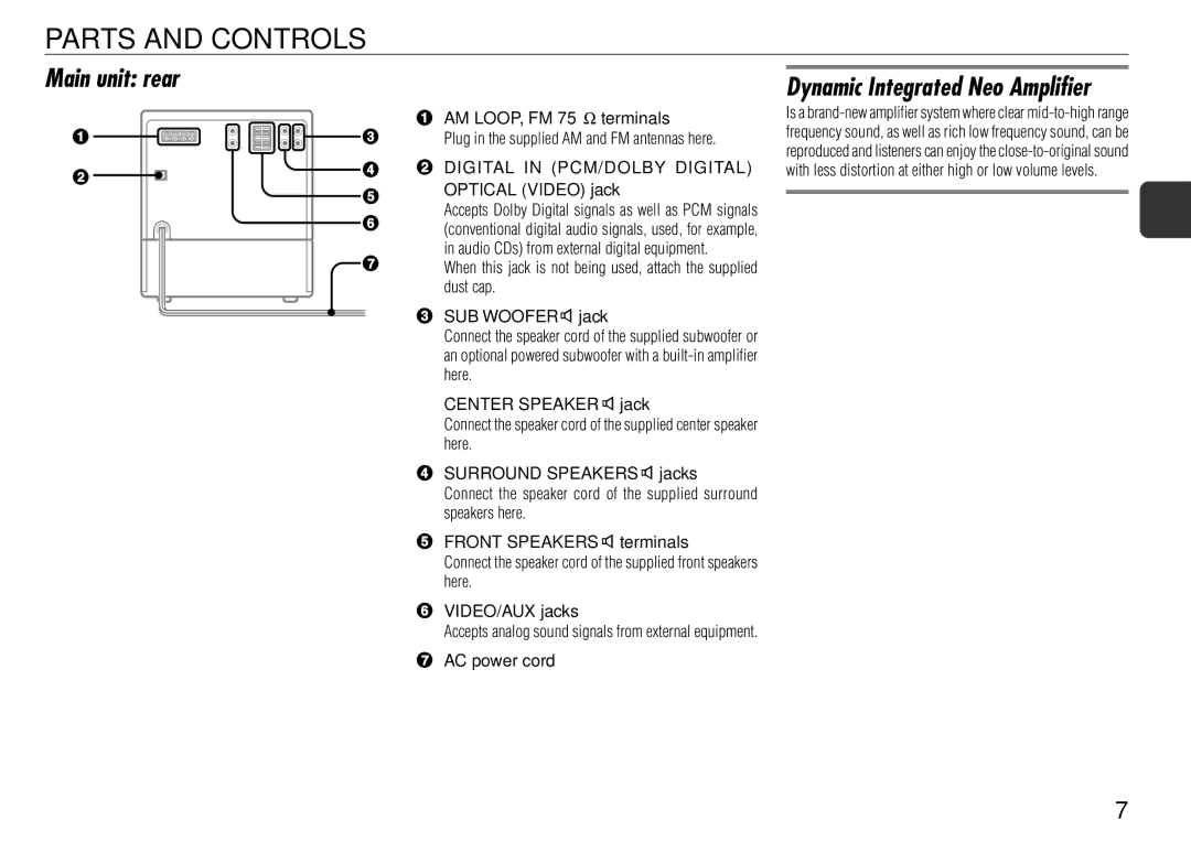 Aiwa XS-DS70 manual Parts and Controls, Main unit rear, Dynamic Integrated Neo Amplifier, Digital in PCM/DOLBY Digital 