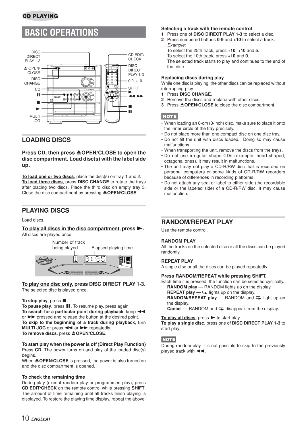 Aiwa Z-A60 operating instructions Basic Operations, Loading Discs, Playing Discs, RANDOM/REPEAT Play 