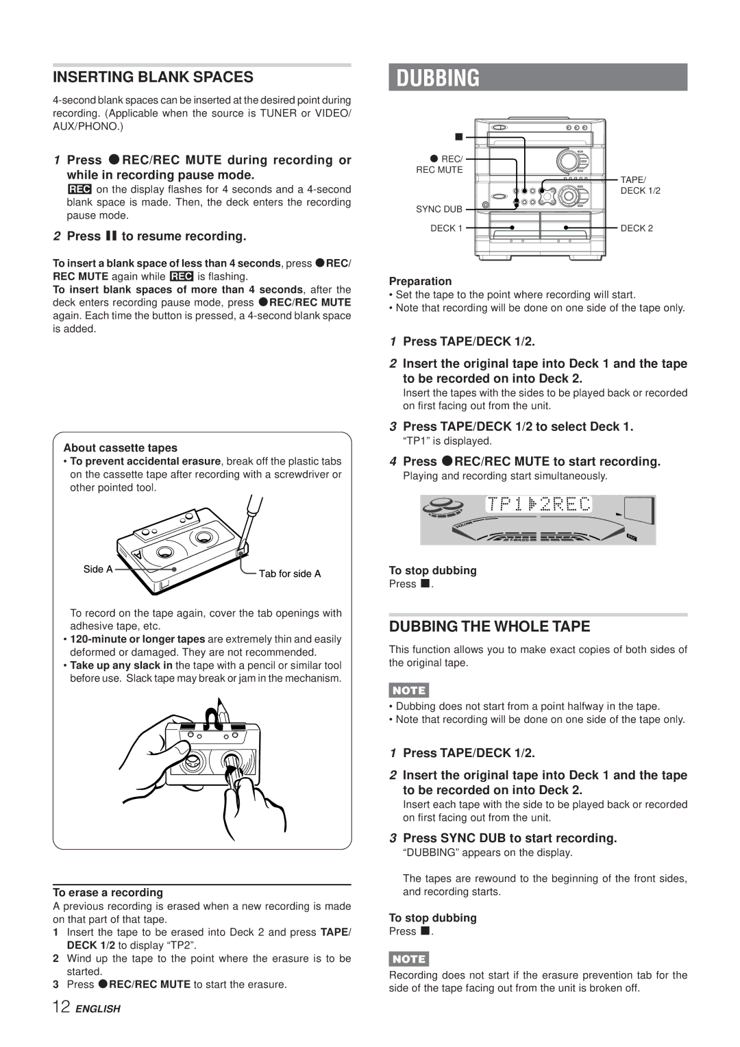 Aiwa Z-A60 operating instructions Inserting Blank Spaces, Dubbing the Whole Tape 