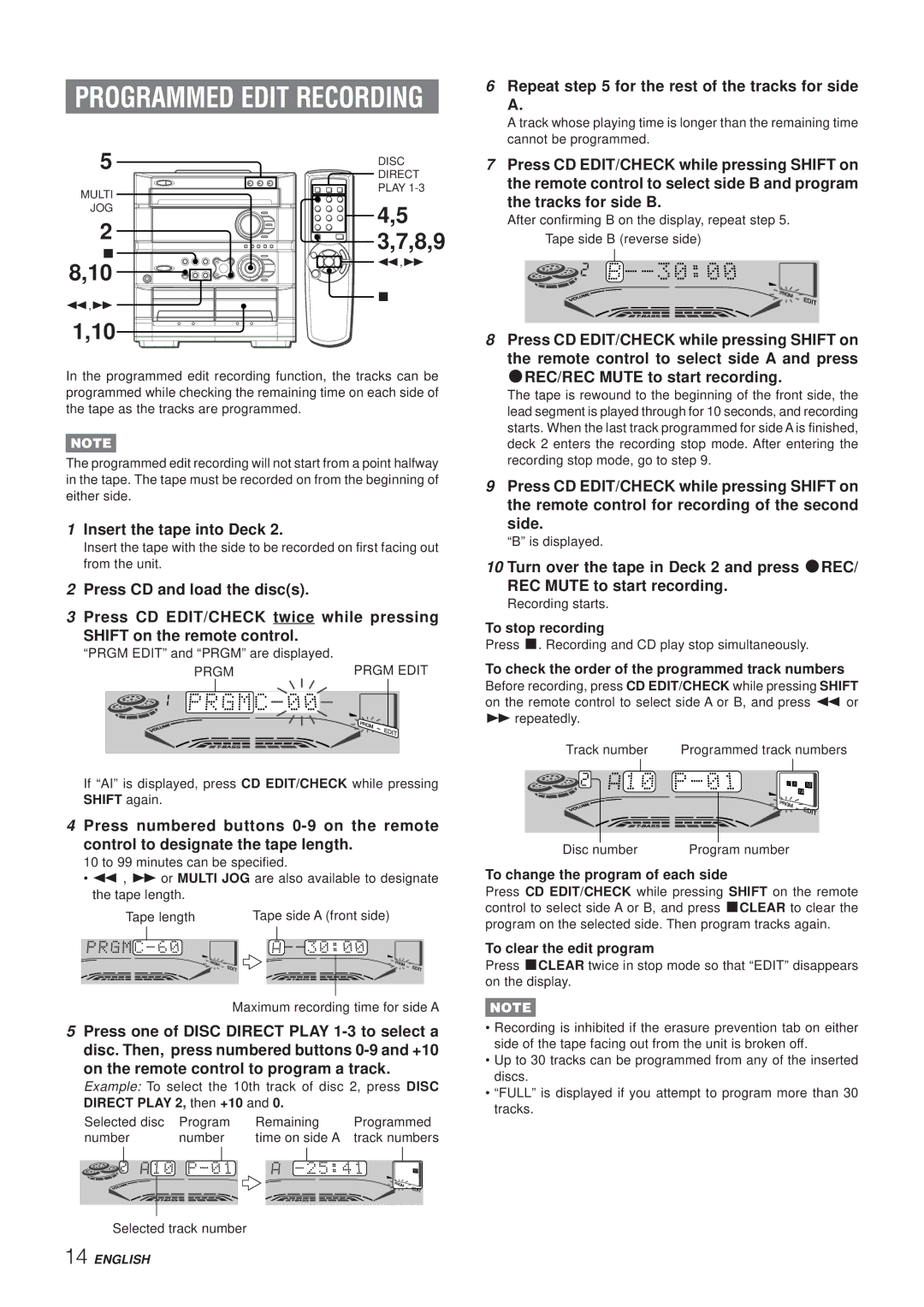 Aiwa Z-A60 operating instructions Repeat for the rest of the tracks for side, To change the program of each side 