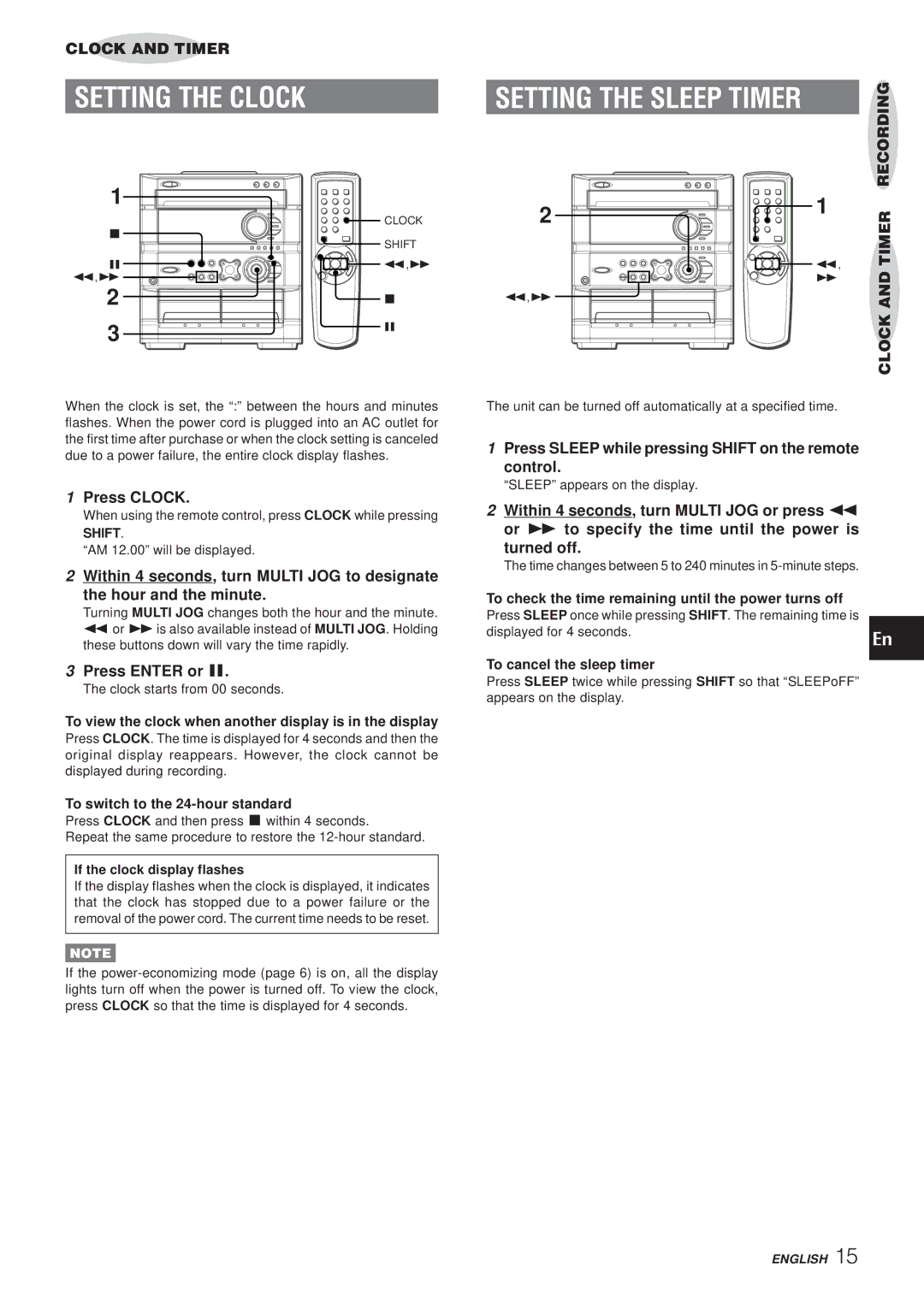 Aiwa Z-A60 Setting the Clock, Press Clock, Press Enter or a, Press Sleep while pressing Shift on the remote Control 