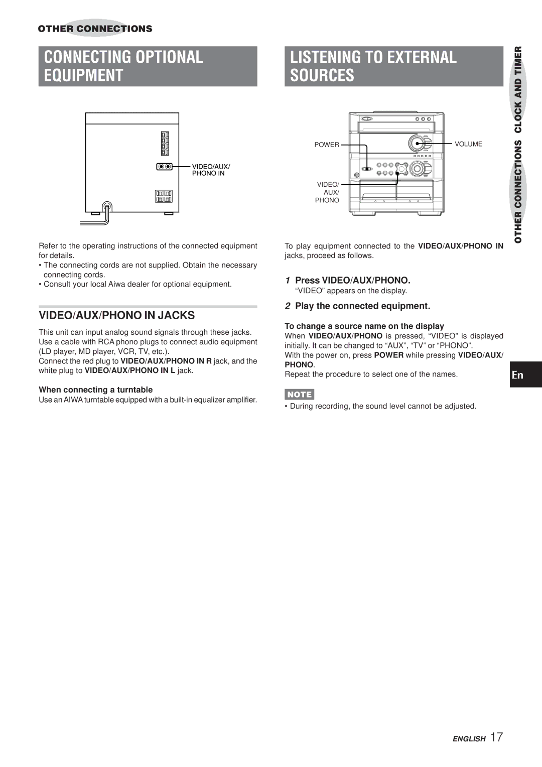 Aiwa Z-A60 operating instructions Connecting Optional Equipment, Listening to External, Sources, VIDEO/AUX/PHONO in Jacks 