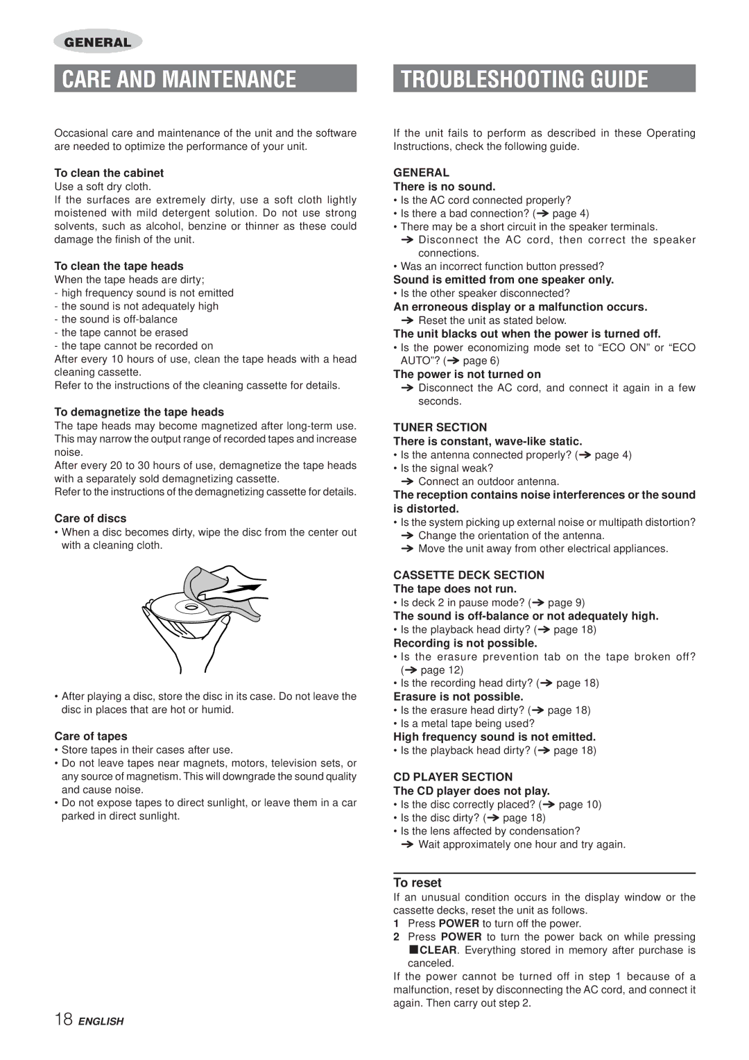 Aiwa Z-A60 operating instructions Care and Maintenance, To reset 