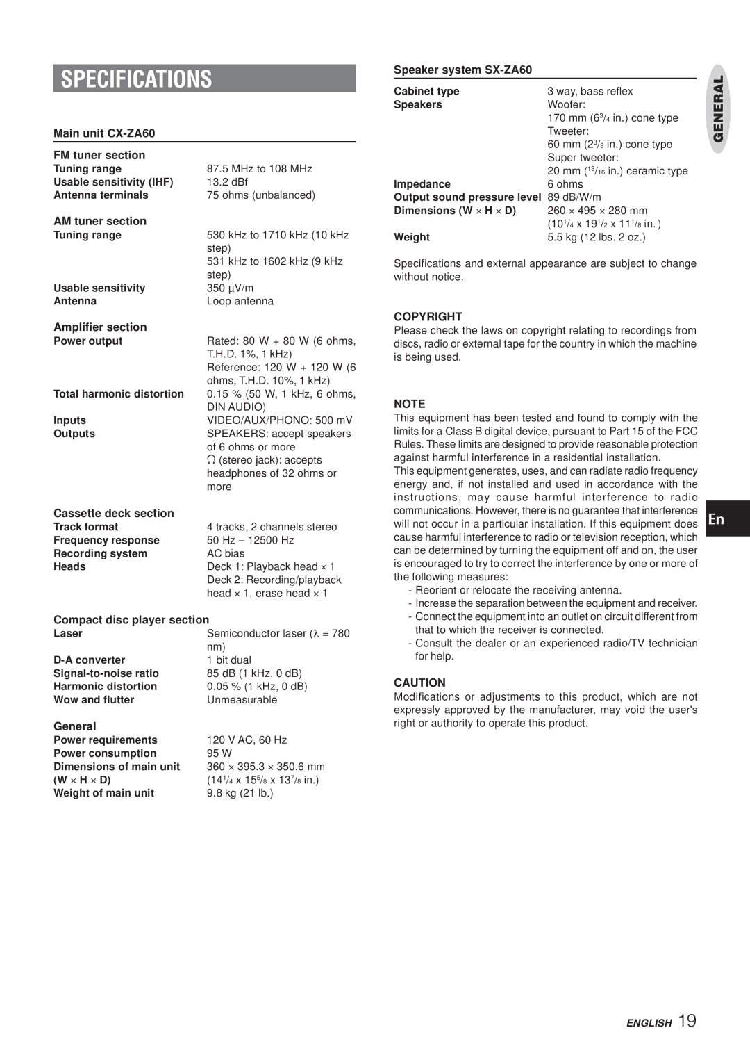 Aiwa Z-A60 operating instructions Specifications, Copyright 