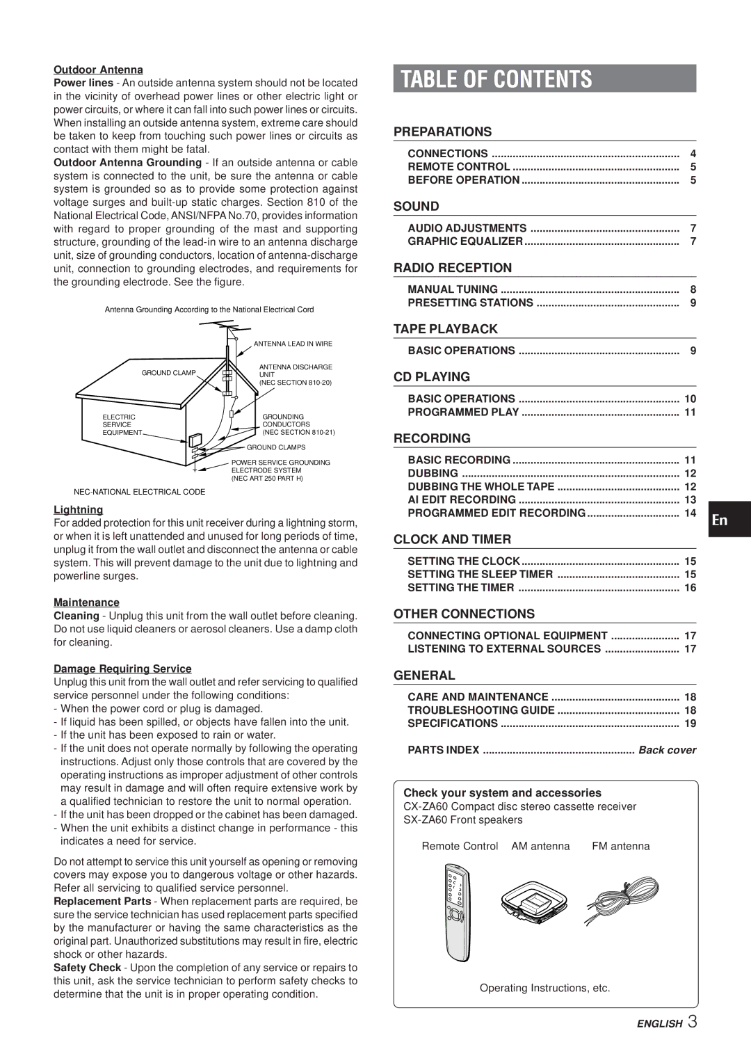 Aiwa Z-A60 operating instructions Table of Contents 