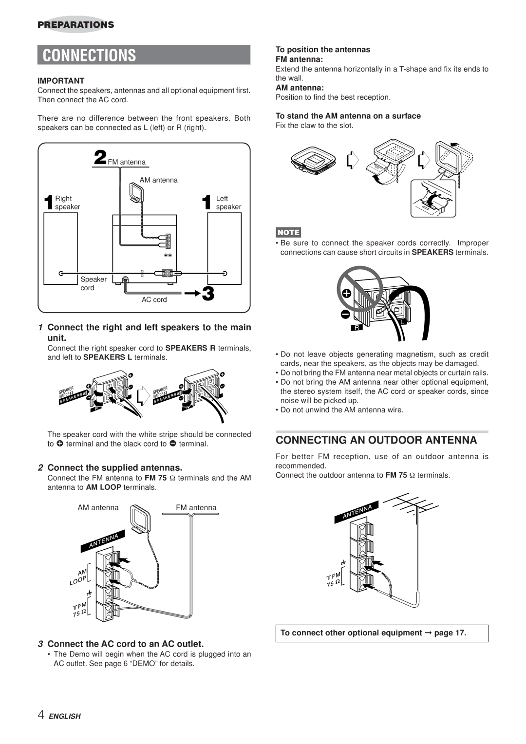 Aiwa Z-A60 Connections, Connecting AN Outdoor Antenna, Connect the right and left speakers to the main Unit 