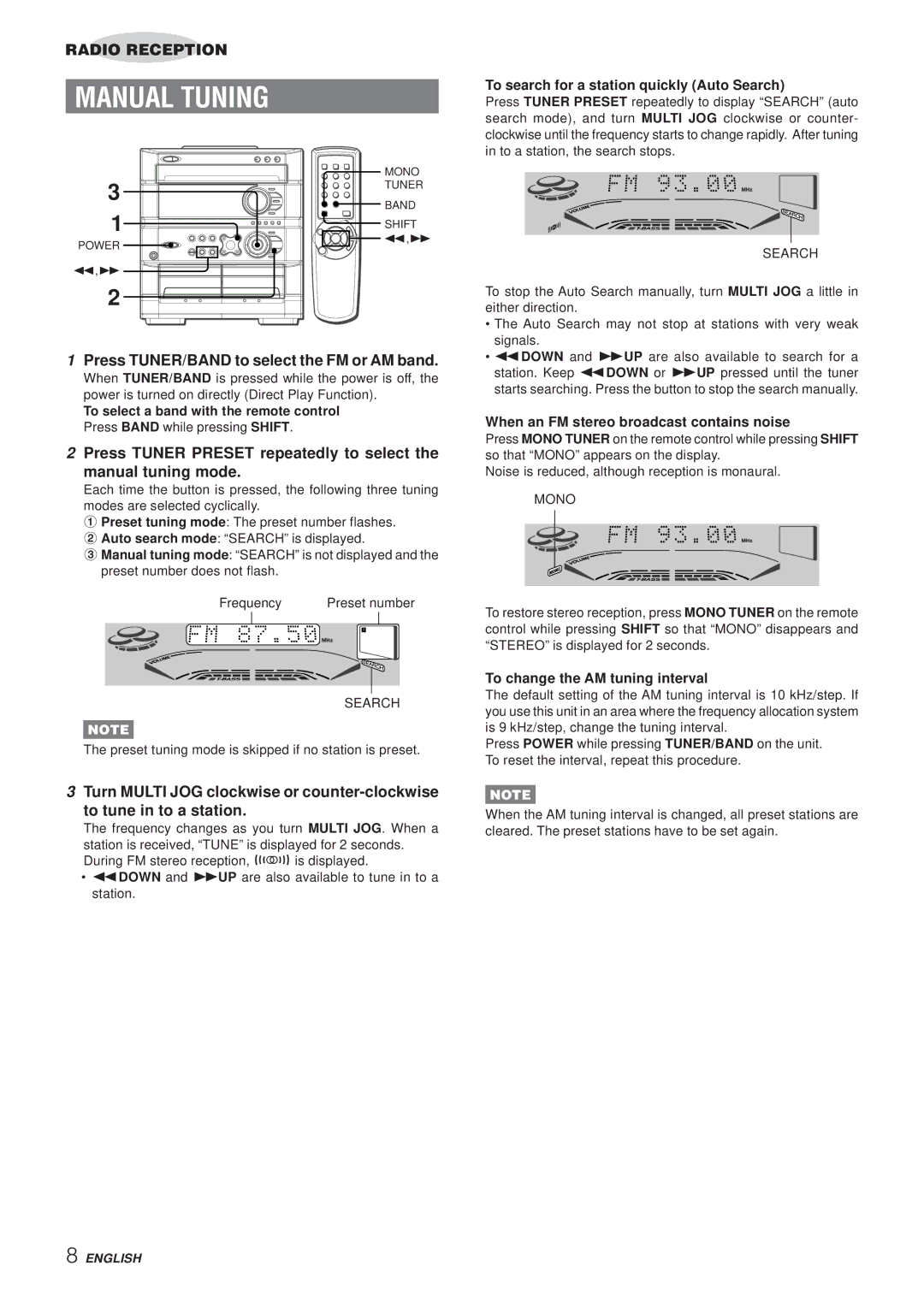 Aiwa Z-A60 operating instructions Manual Tuning, Press TUNER/BAND to select the FM or AM band 