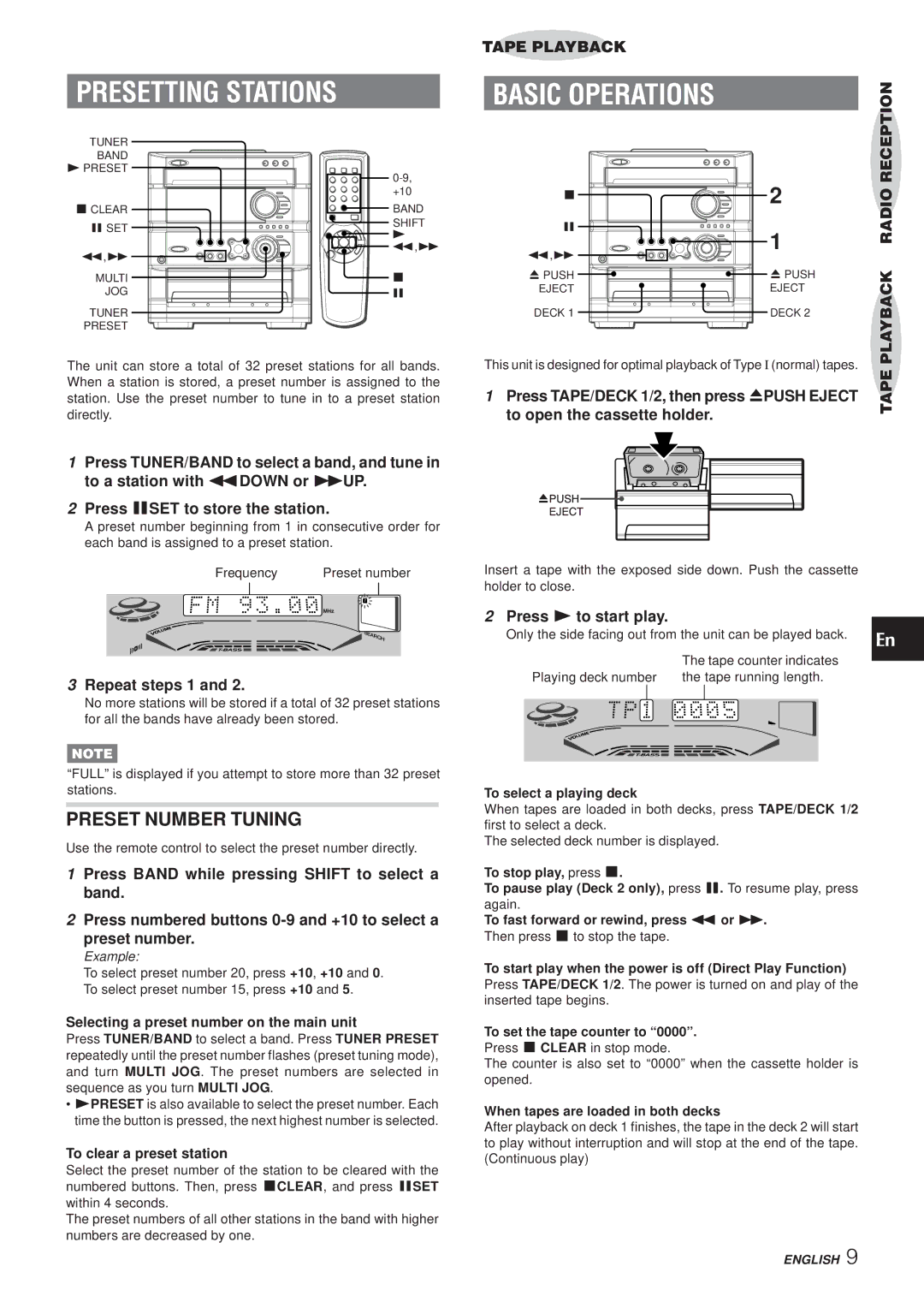 Aiwa Z-A60 operating instructions Presetting Stations, Preset Number Tuning 