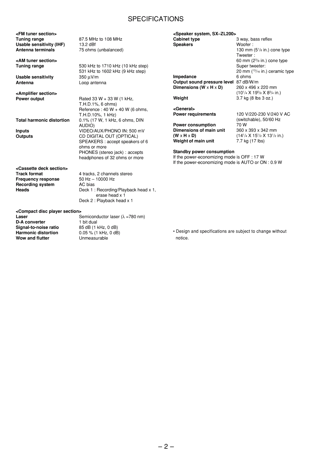 Aiwa Z-L200 service manual Specifications 