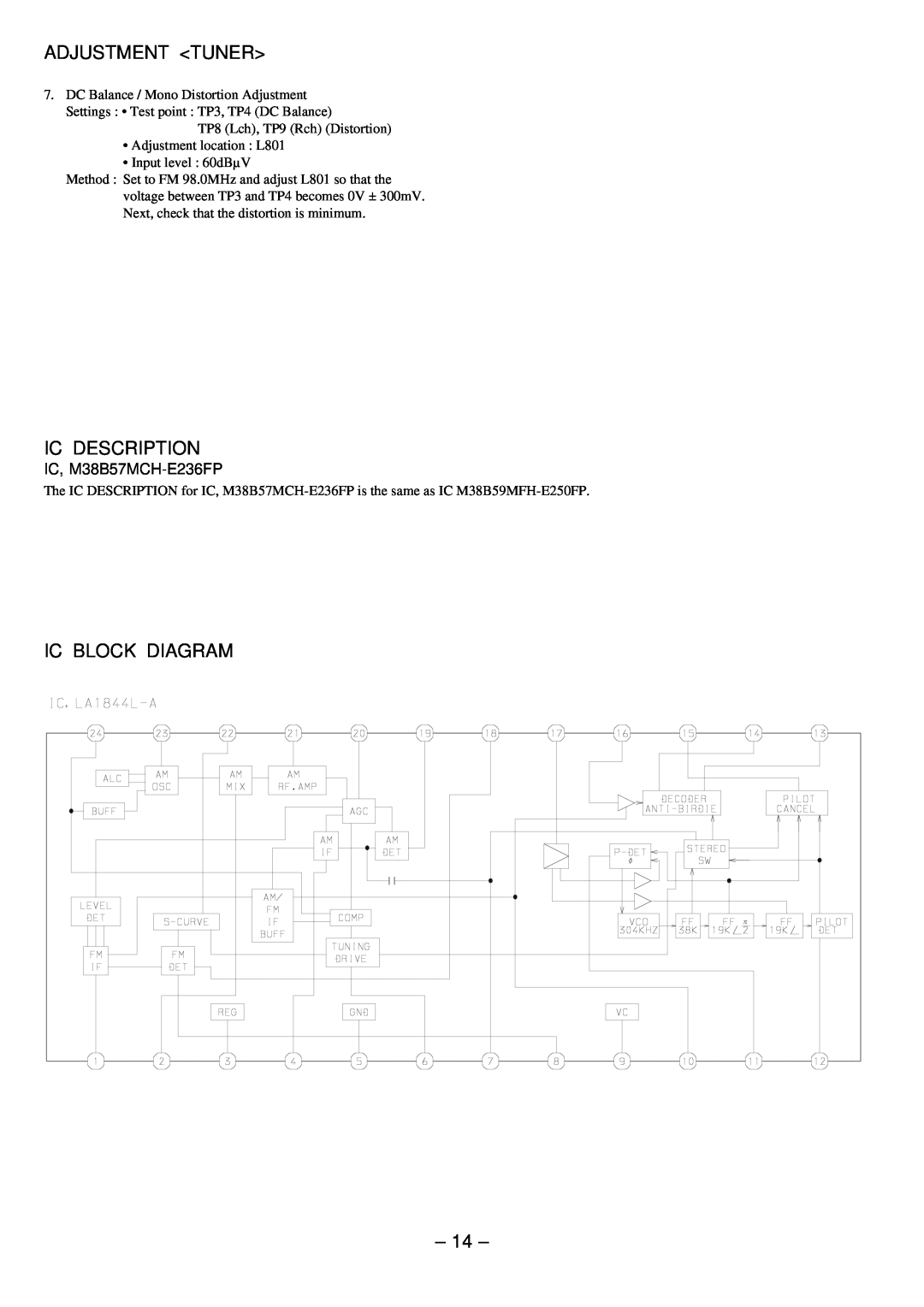 Aiwa Z-L200 service manual Adjustment Tuner, Ic Description, Ic Block Diagram, IC, M38B57MCH-E236FP 