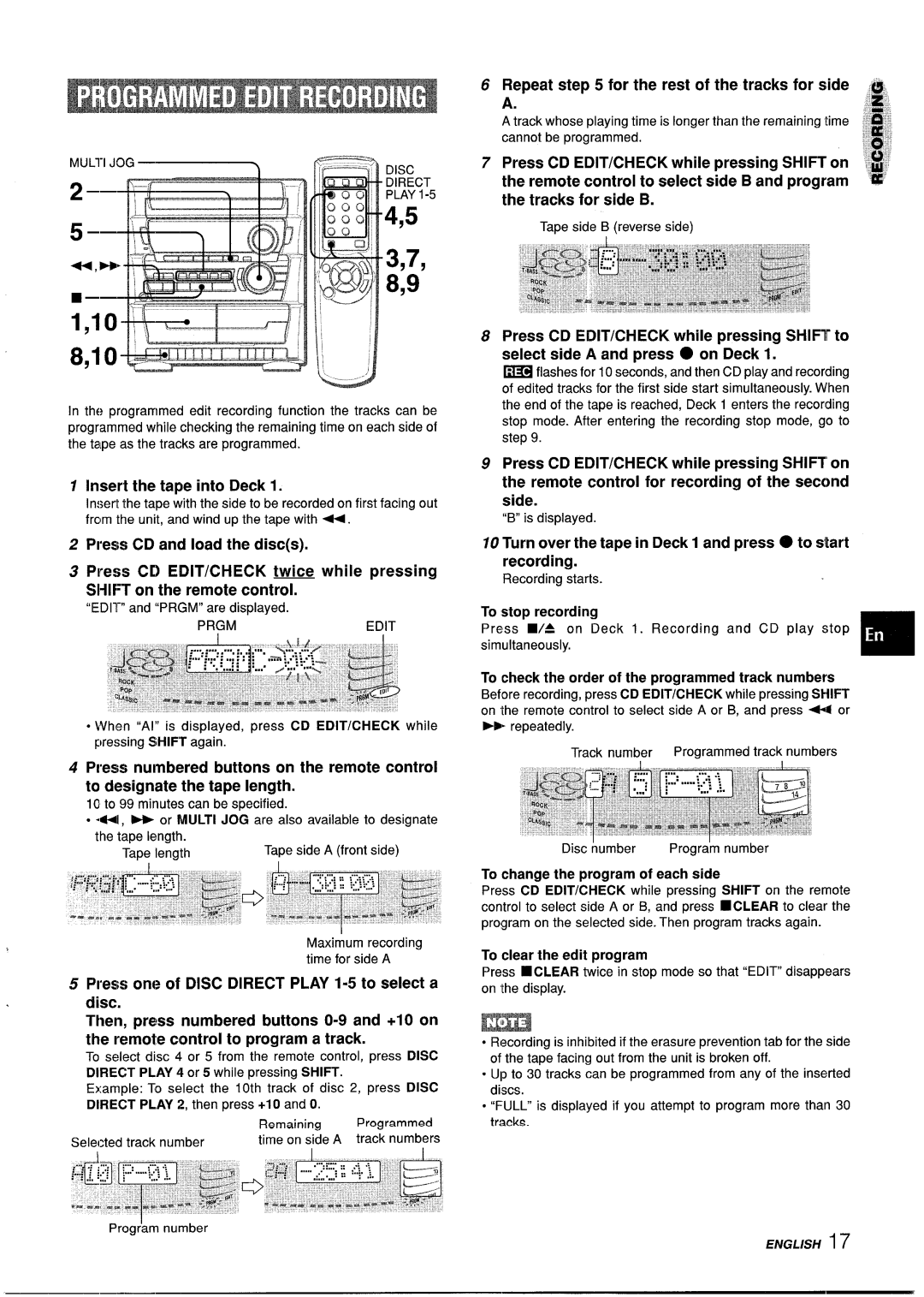 Aiwa Z-L31 manual Repeat for the rest of the tracks for side a, Turn over the tape in Deck 1 and press @to start recording 