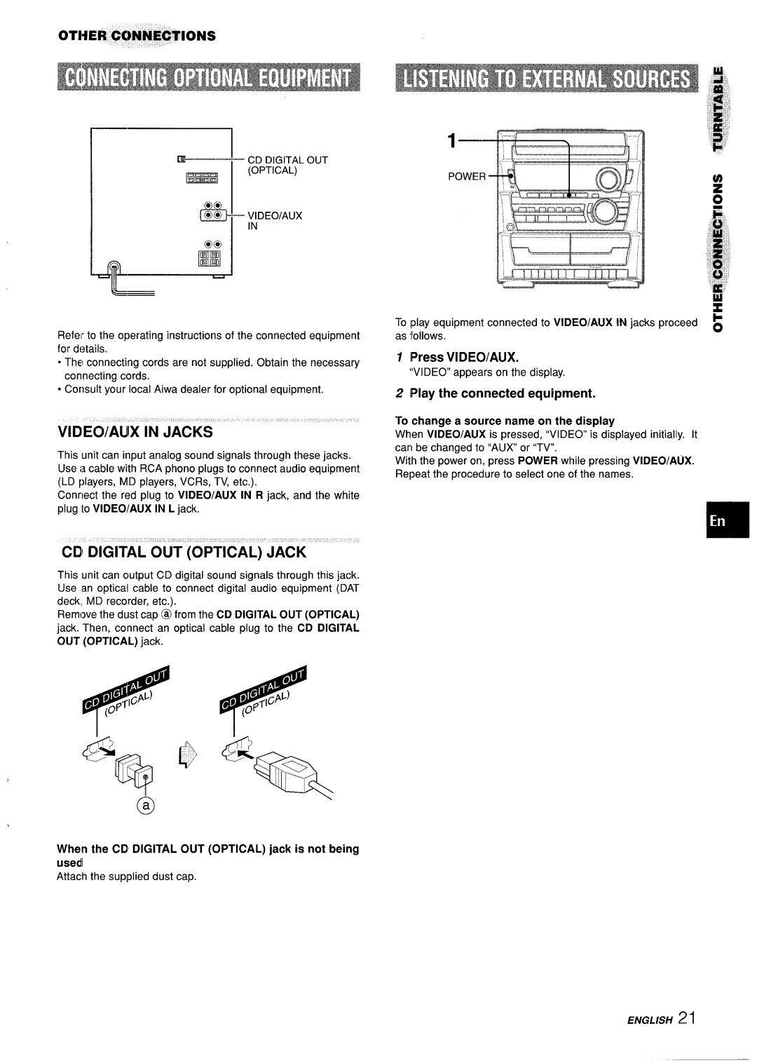 Aiwa Z-L31 manual LPress VIDEO/AUX, LPlay the connected equipment, CD Digital OUT Optical, Video/Aux, Jack 