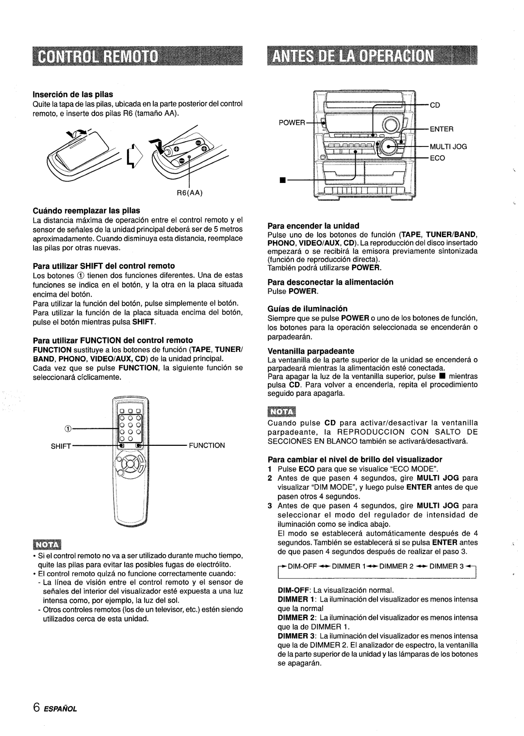 Aiwa Z-L31 manual Insertion de as pilas, Cuando reemplazar Ias pilas, Para utilizar Shift del control remoto 