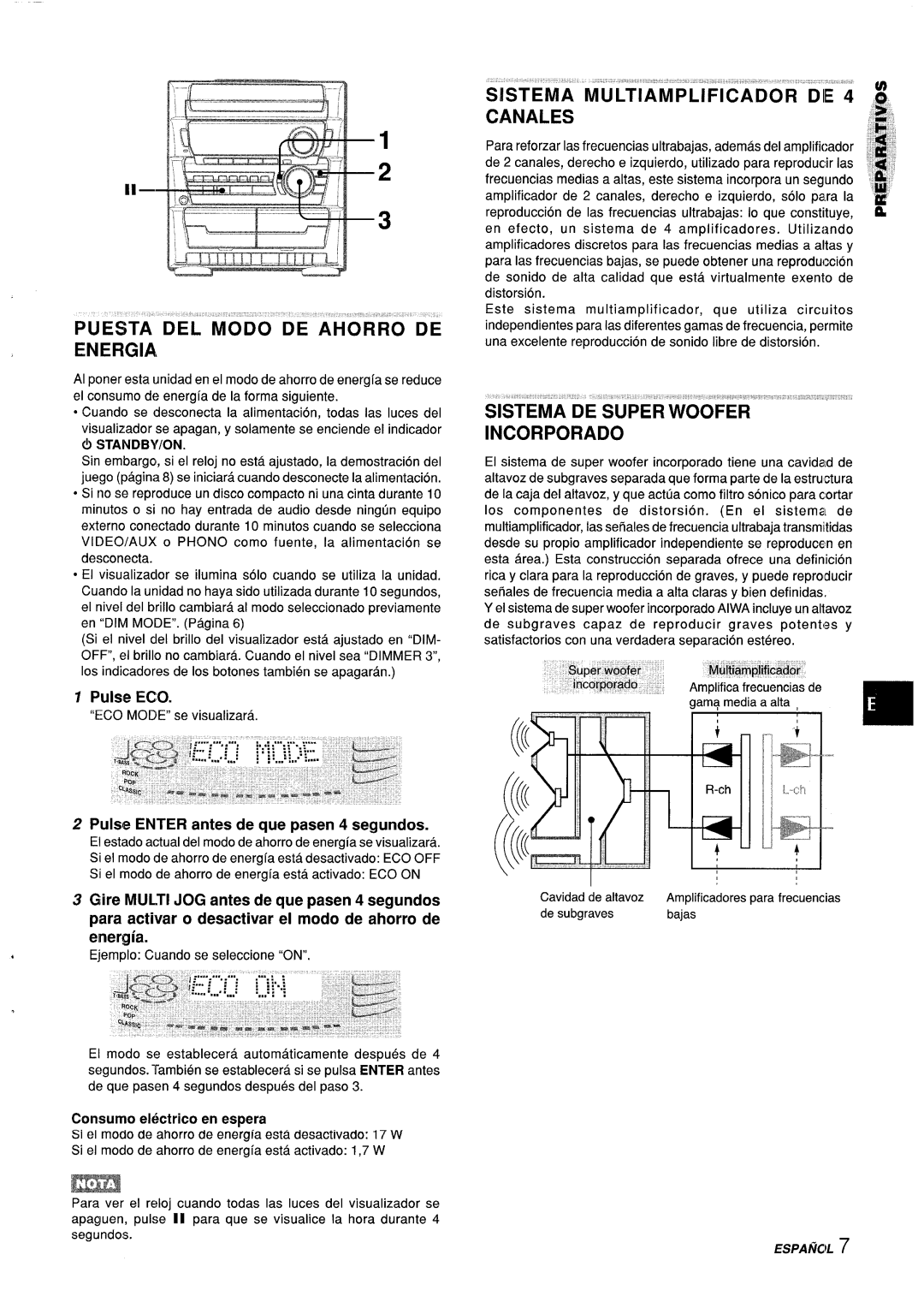 Aiwa Z-L31 manual Puesta DEL Modo DE Ahorro DE Energia, Canales, Sistema DE Super Woofer Incorporado 