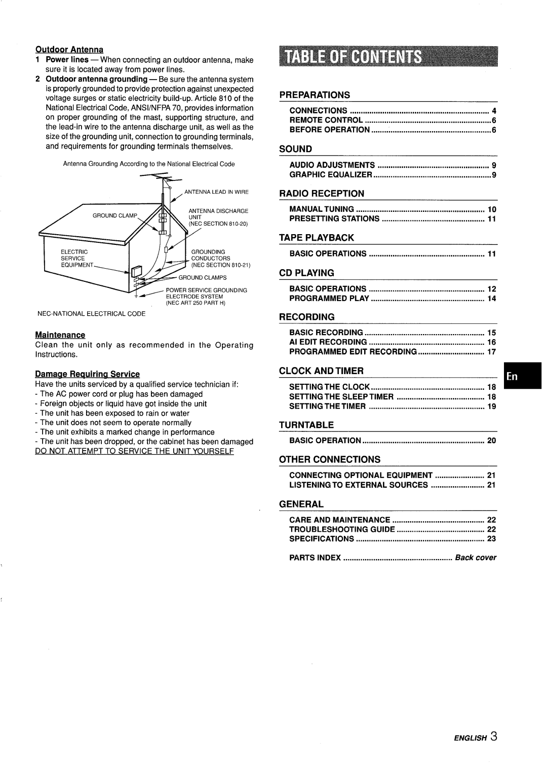 Aiwa Z-L31 Connections Remote Control Before Operation, Audio Adjustments, Manual Tuning Presetting Stations, Parts Index 