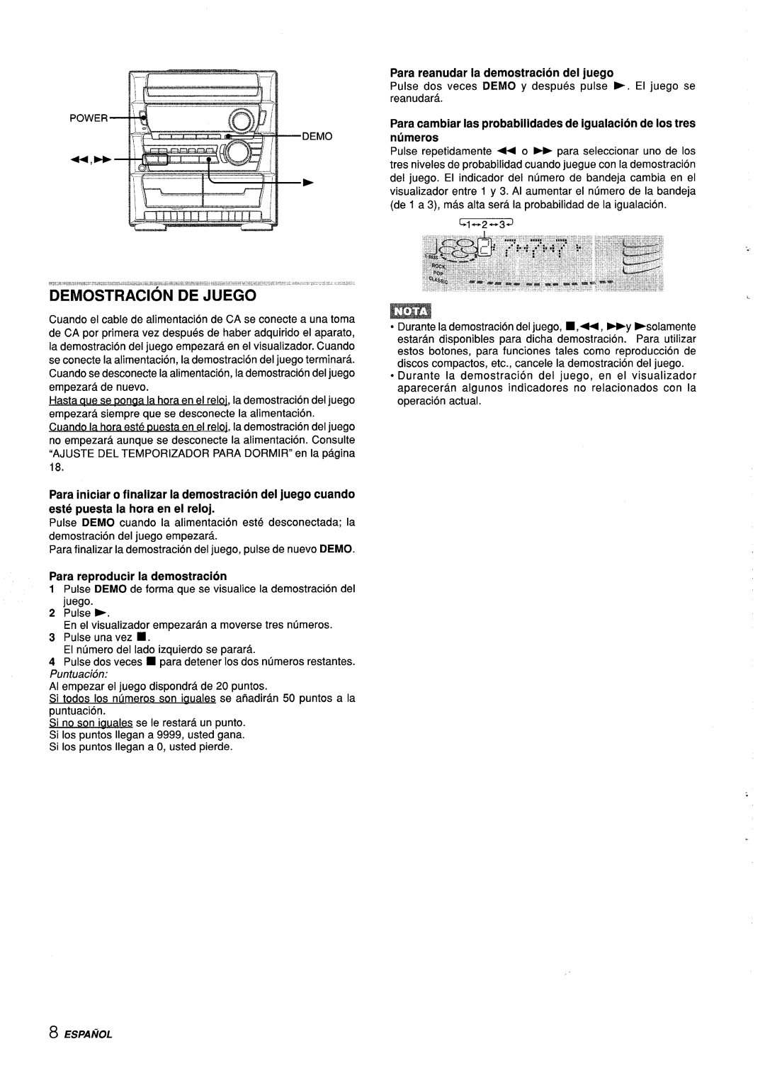 Aiwa Z-L31 manual Demostracion DE Juego, Para rewoducir la demostracion, Para reanudar la demostracion del juego 