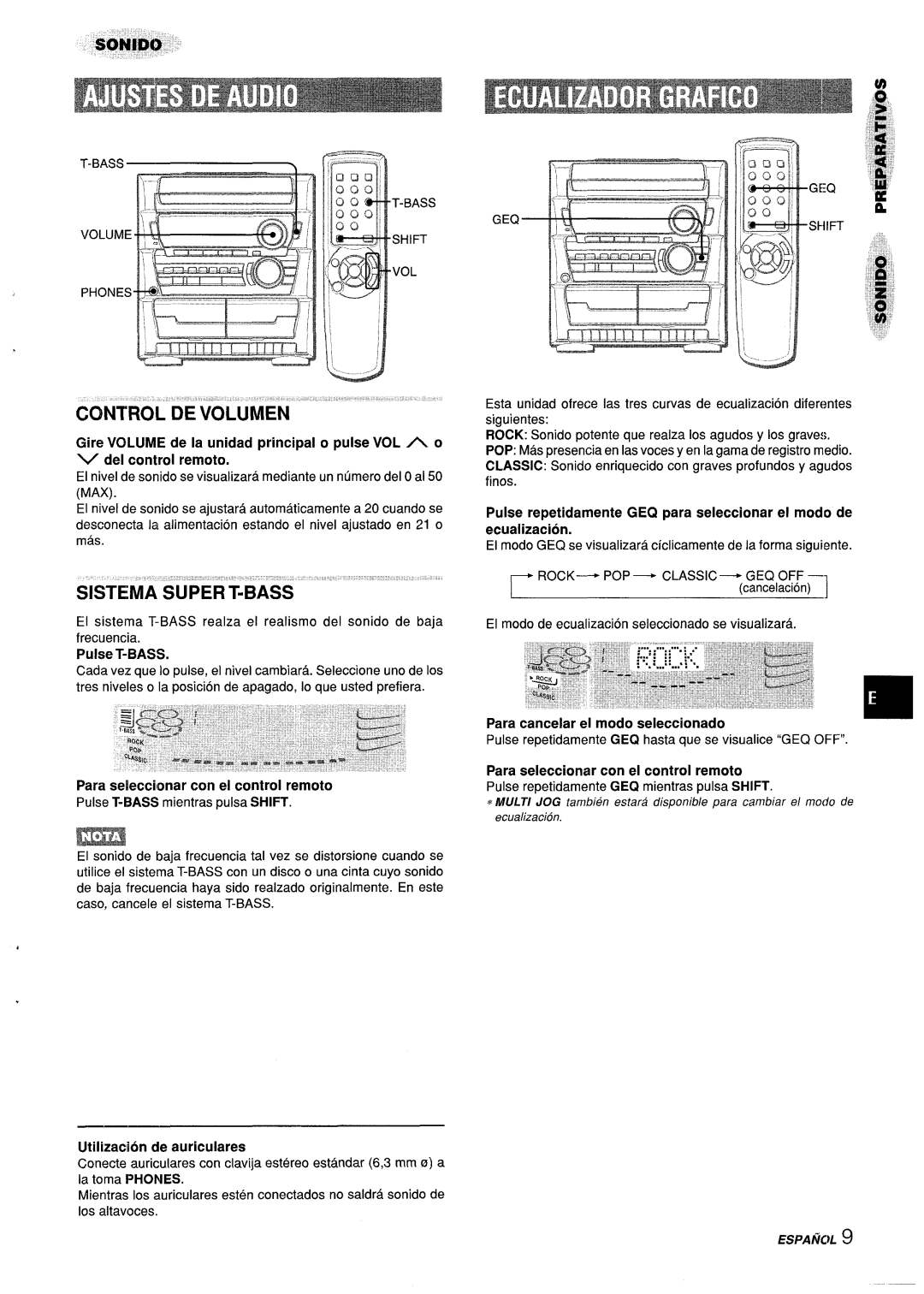 Aiwa Z-L31 Pulse T-BASS, Para seleccionar con el control remoto, Utilization de auriculares, ROCK- POP Classic GEQ OFF 