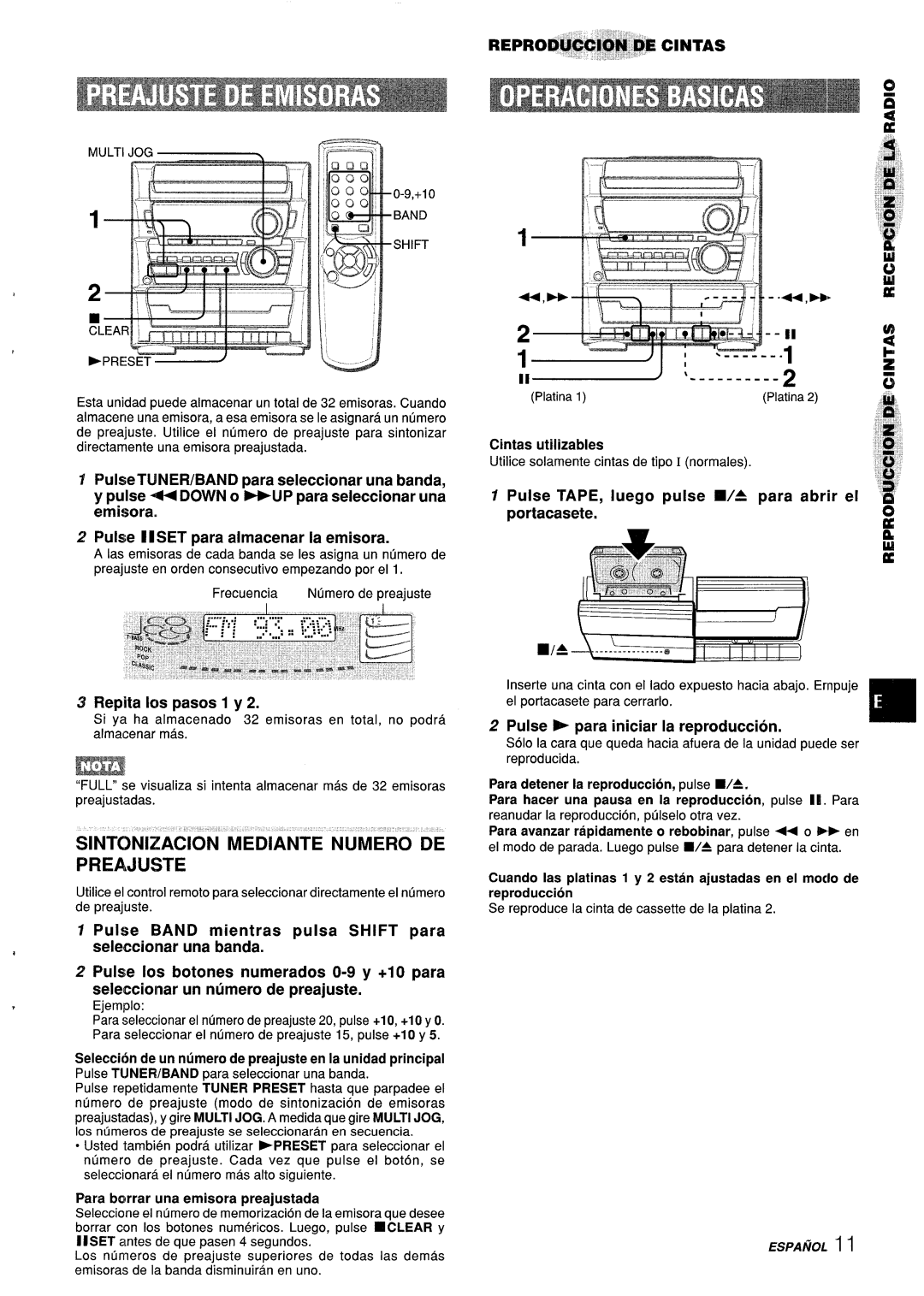 Aiwa Z-L31 Repita Ios pasos 1 y, Pulse TAPE, Iuego pulse /4 Para abrir el Portacasete, Para bcmrar una emisora preajustada 