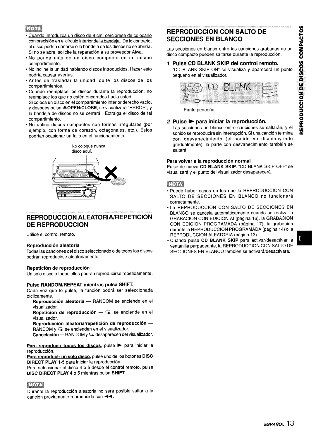 Aiwa Z-L31 manual Reproduction CON Salto DE Secciones EN Blanco, Pulse CD Blank Skip del control remoto 