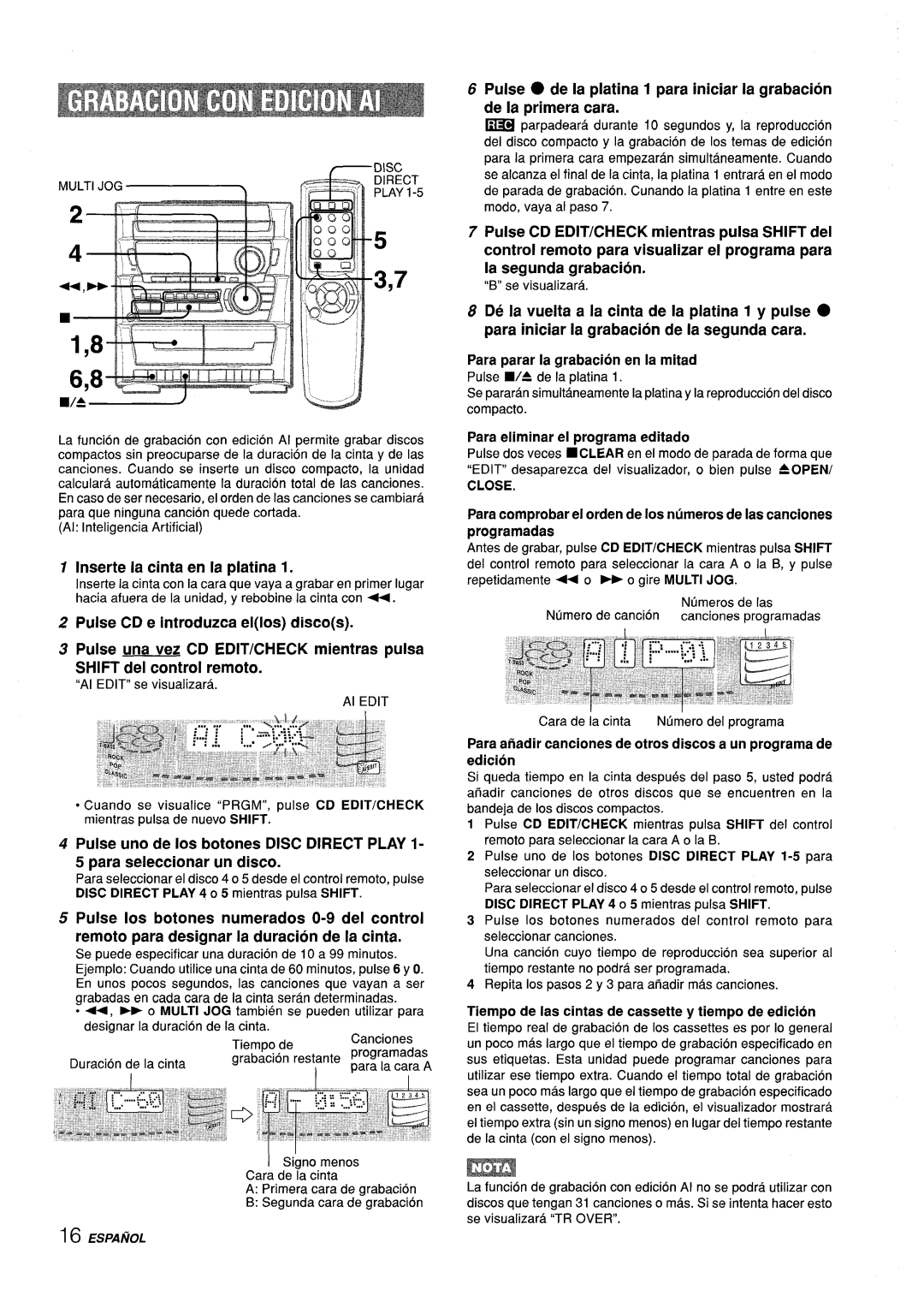 Aiwa Z-L31 Inserte la cinta en la platina, Para parar la grabacion en la mitad, Para eliminar el programa editado, Close 